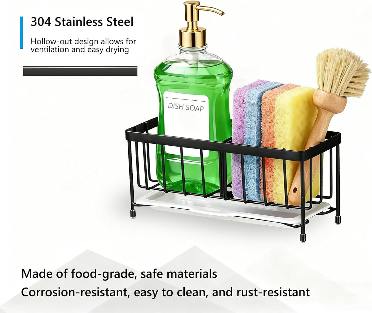 Kavciva Sink Caddy Sponge Holder,304 Stainless Steel Dish Brush Holder,Kitchen Countertop Sink Rack,Dish Soap Holder,Dishwashing Tool Drying Tray with Adjustable Partitions,Essential Kitchen Shelves