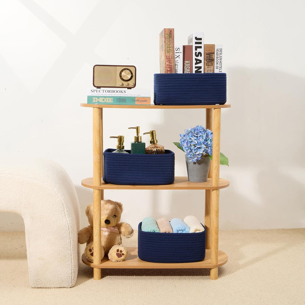 Small Storage Baskets for Organizing | Closet Organizer Bins | Shelf Toy Basket | Woven Rope Baskets | Cube Decorative Box | Shallow Basket | 11.5x7.5x4.7” | 3 Packs Navy Blue