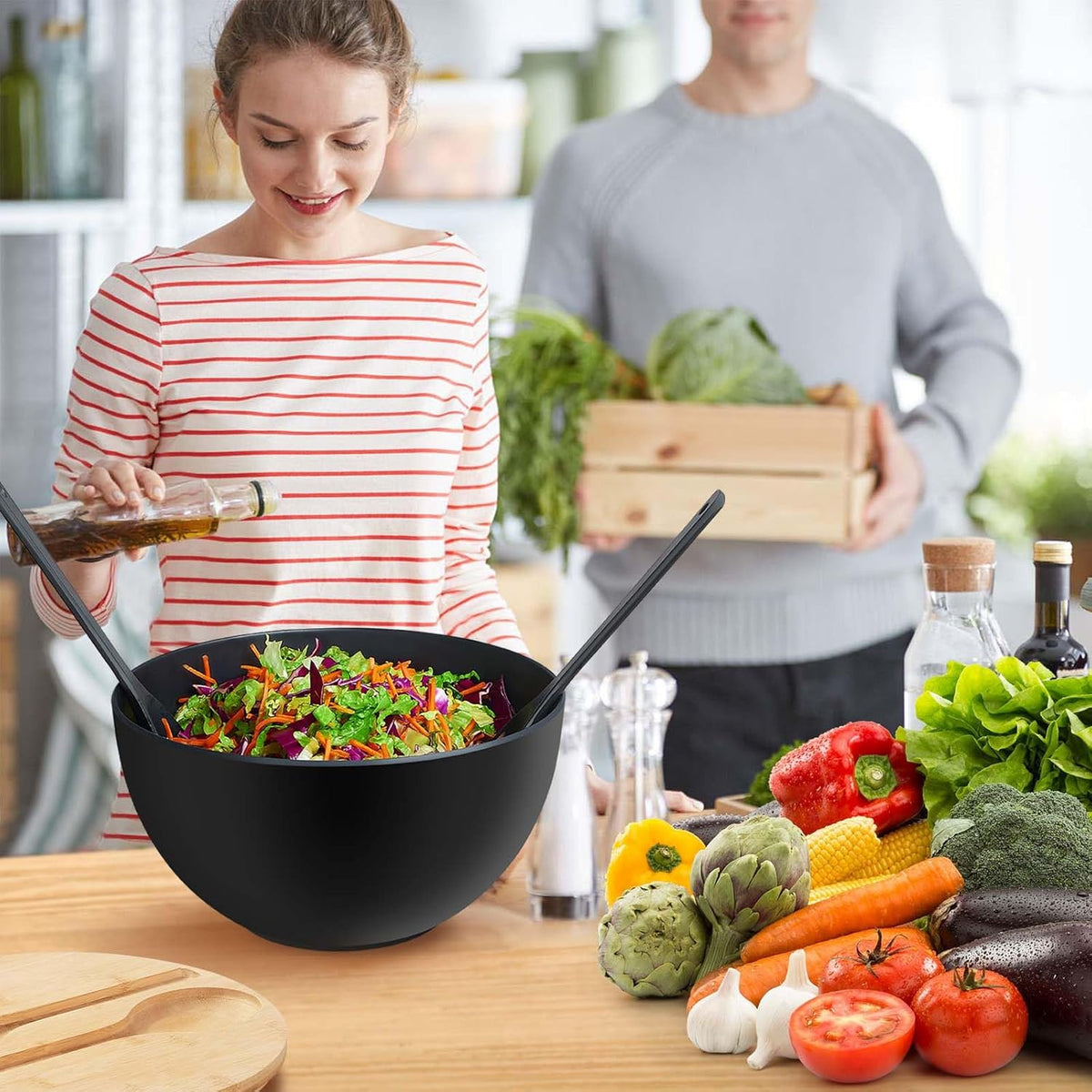 12.6" Extra Large Salad Serving Bowl Set with Wooden Lid&Utensils, 8.4Qt., Bamboo Fiber Salad Bowl with Servers for Kitchen, Big Bowl for Mixing Salad,Fruit,Pasta (Matte Black)
