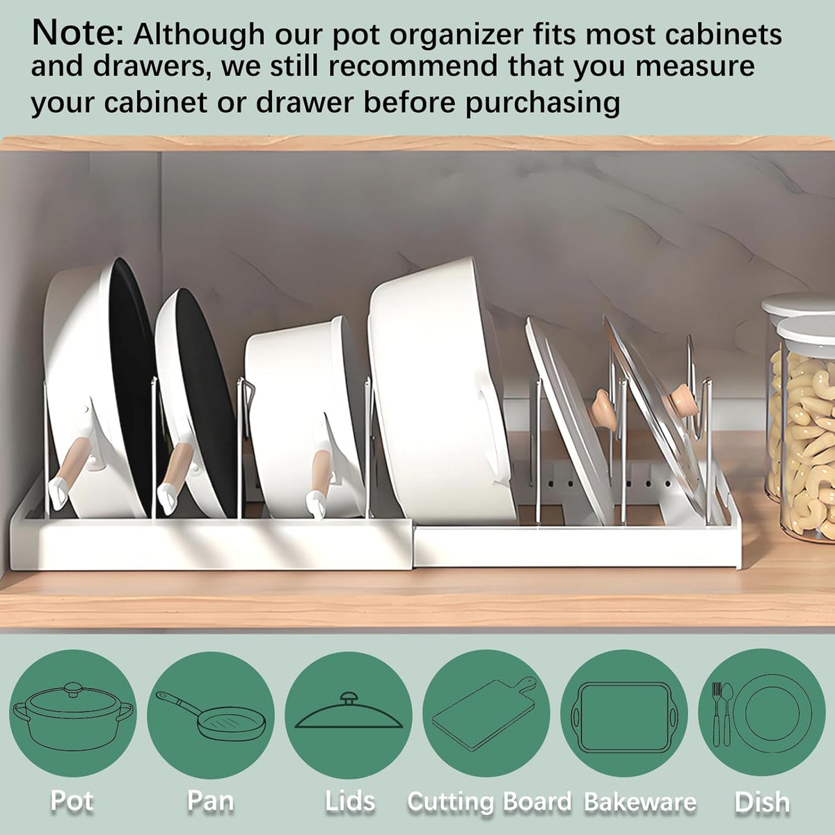 2 Pcs Pot and Pan Organizer, Expandable Pots and Pans Organizer Under Cabinet, Pot Lid Holder with 10 Adjustable Compartment for Bakeware, Cutting Boards, Lid, Dishes, Cookware (2 Pcs)