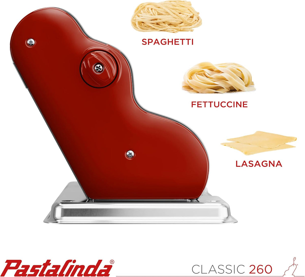PASTALINDA Classic 260 Pasta Maker Machine, 26 cm Wide Rollers, 9 Thickness Positions, 2 Cutting Positions, Stainless Steel. Includes Reinforced Hand Crank And Two Clamps (Bordeaux)