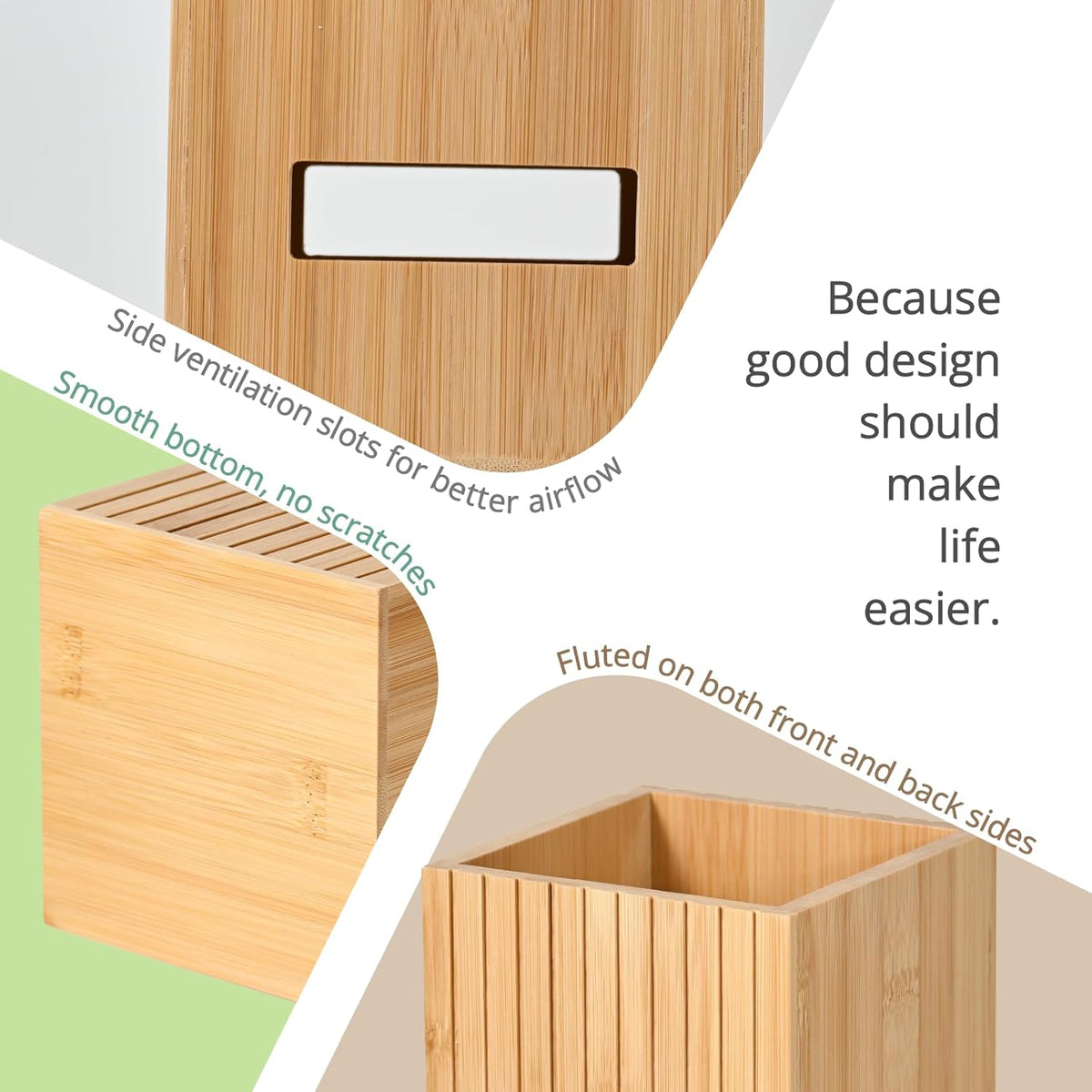 Fluted Bamboo Utensil Holder 6.5 Inch, Natural Kitchen Crock for Countertop, Modern Spoon and Spatula Organizer for Utensil Storage