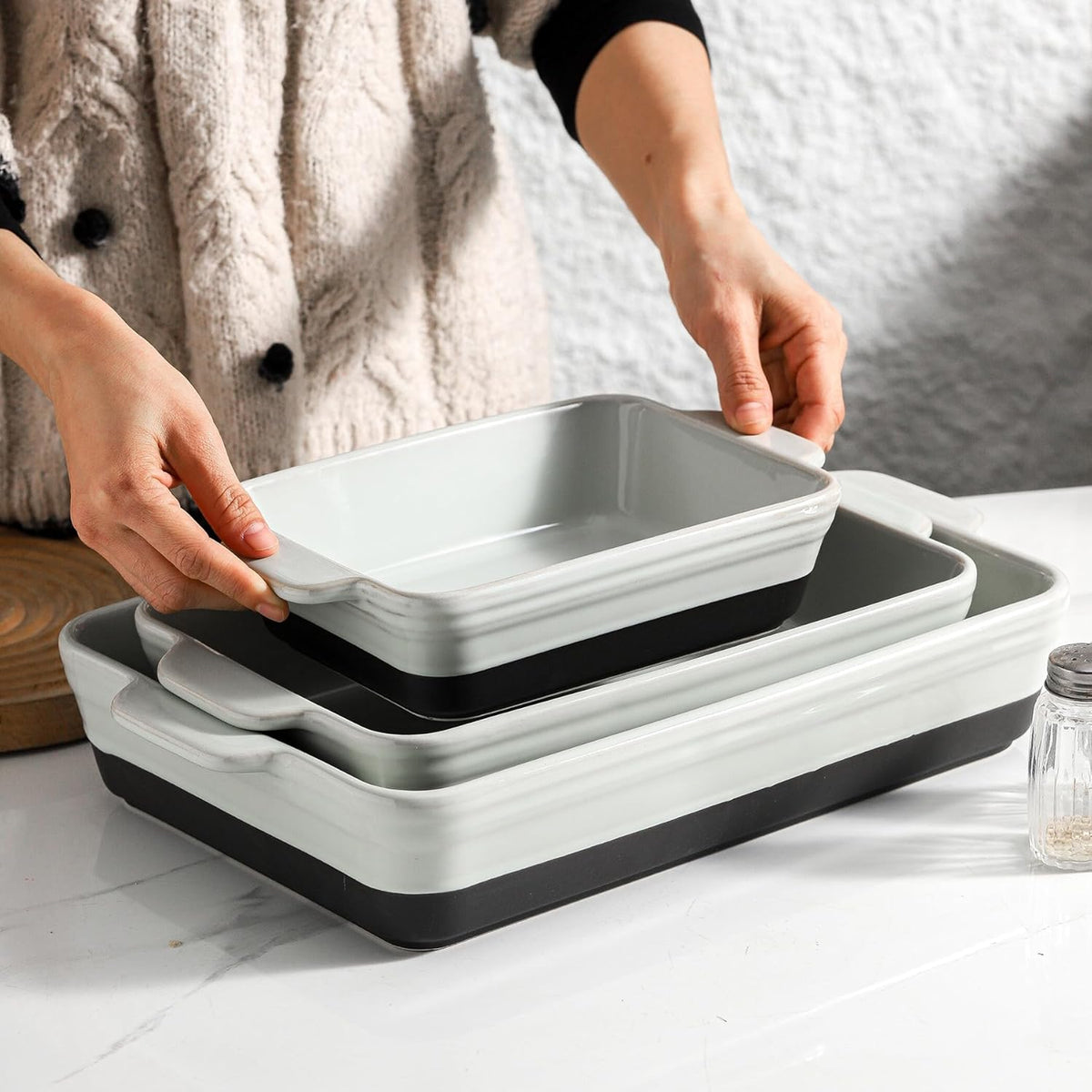 HVH Baking Dish Set, 9x13 Baking Dish, Large Casserole Dishes for Oven, Ceramic Lasagne Pan Deep, Baking Dishes for Casseroles 13 x 9, Ceramic Bakeware Set of 3, Farmhouse Style (Black Pottery)