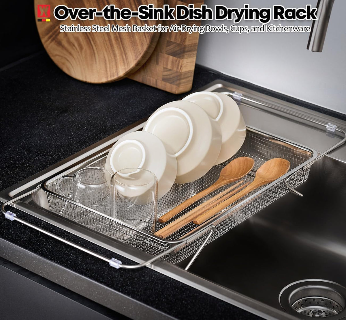Extendable Dish Rack with Feet, Vegetable Colander Basket, Stainless Steel Dish or Silverware Drying Rack, Ultimate Kitchen Organizer Over The Sink (12.99 x 9.65 x 2.76 Inches)