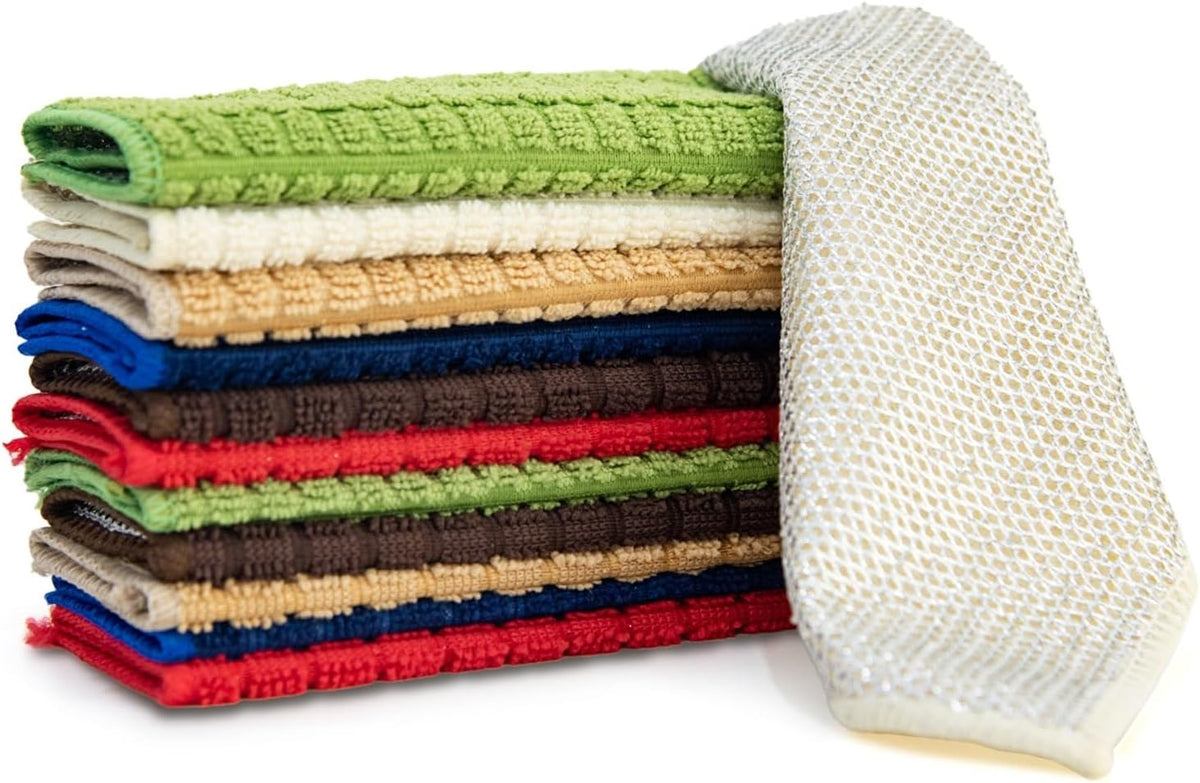 Silver Wire and Microfiber Double Layer Dishcloth, Multipurpose Dishwashing Rags for Wet and Dry, Household Cleaning Cloth with Poly Scour Side, 6 Color Assorted 12pack