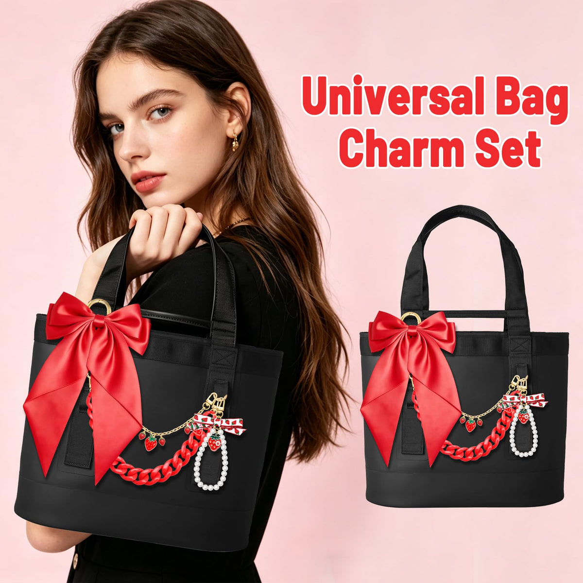 Zkptops 5PCS Tote Bag Decoration Kit Pearl Purse Chain Cute Bow Bag Charms Strap Extender Chain Keychain Charm Accessories for Women Compatible with YETI Camino Bogg Beach Handbag Wallet(Strawberry)