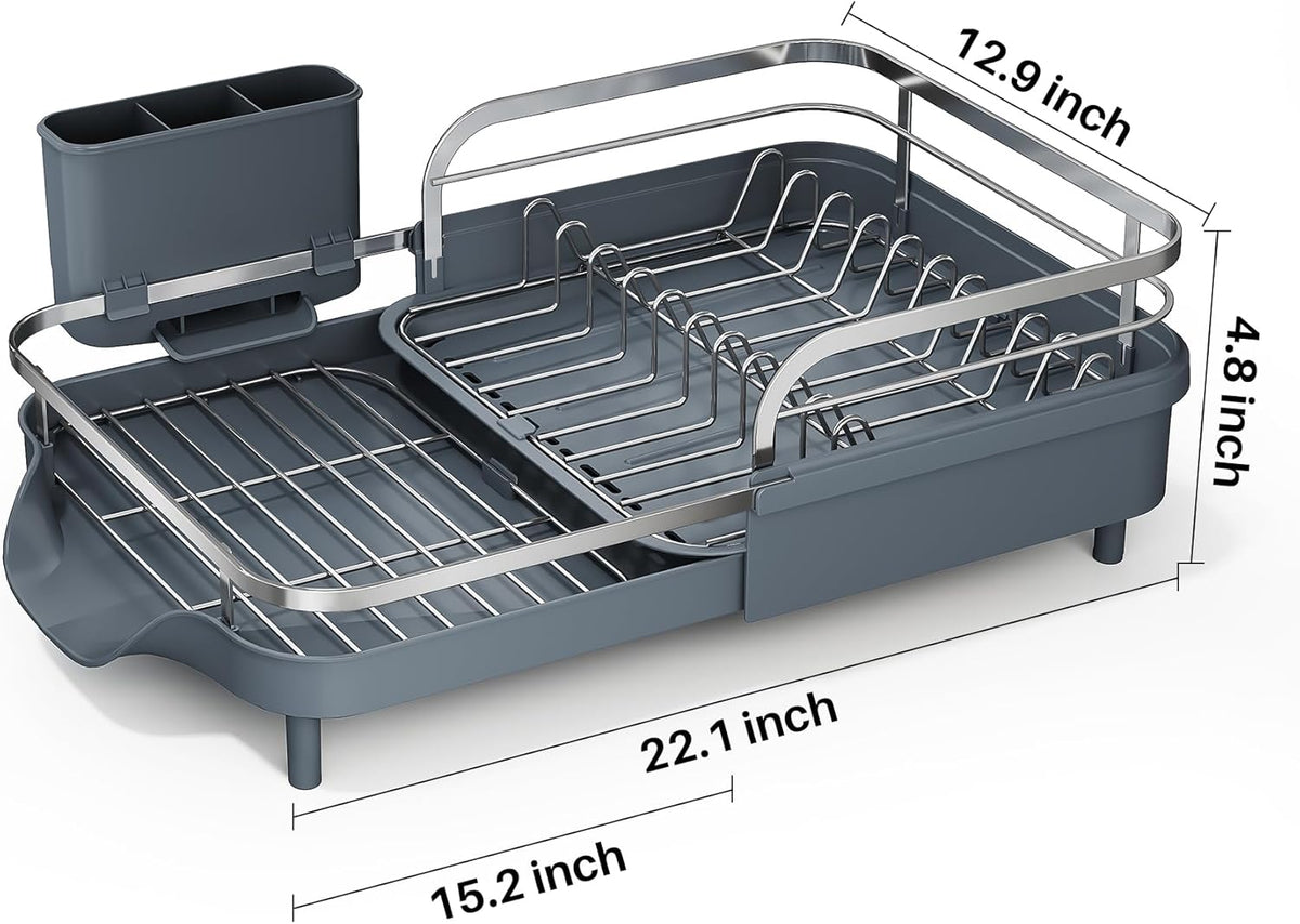 SAYZH Dish Drying Rack - Expandable Dish Rack for Kitchen Counter, Rust-Resistant Dish Drainer with Utensil Holder and Raised Guardrail, Kitchen Organizer for Cup and Bottle (Grey)