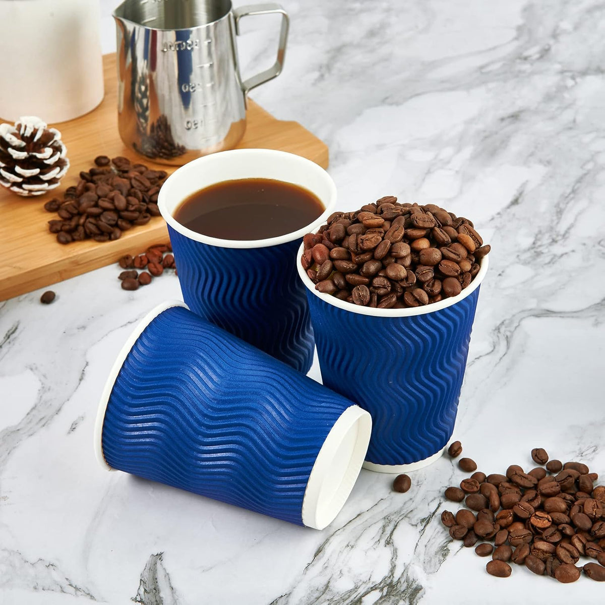 JollyPack 120 Pack 12 oz Paper Coffee Cups, Blue Disposable Beverage Cups with Insulated Ripple Wall for Hot or Cold Drinks