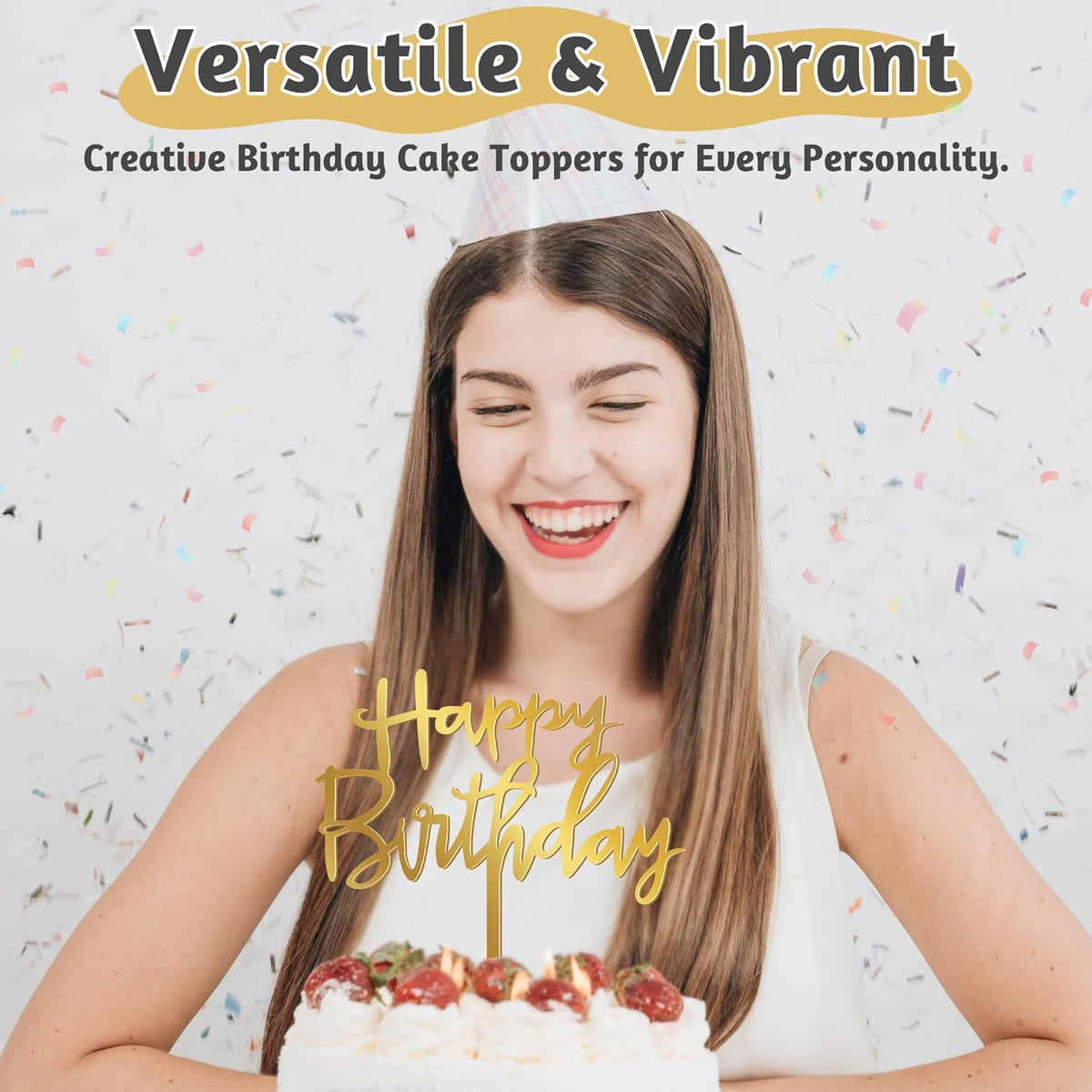 1PCS Gold Happy Birthday Cake Topper, 4.7 x 5.5 Inches Birthday Cake Decorations, Glitter Mirror Acrylic Cake Topper for Birthdays, Anniversaries, or Milestone Celebrations