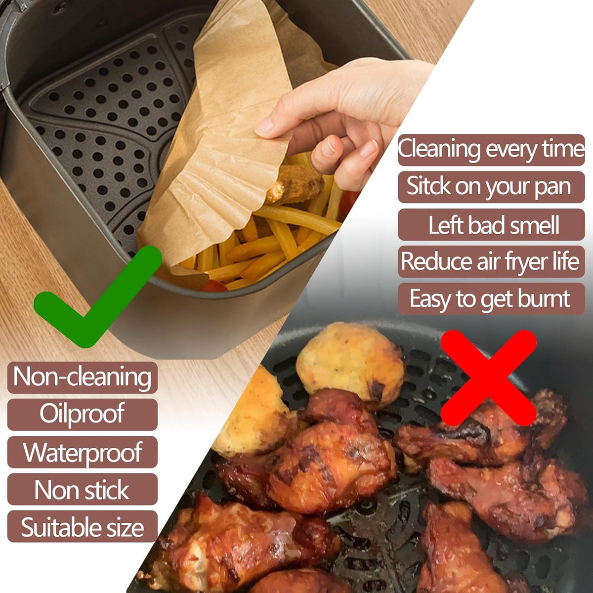 UBeesize 9 Inch Air Fryer Paper Liners,300 PCS Parchment Paper, Air Fryer Disposable Paper Liners for Microwave, Non-Stick Sheets Square Free of Bleach（Bottom size 8 Inch）