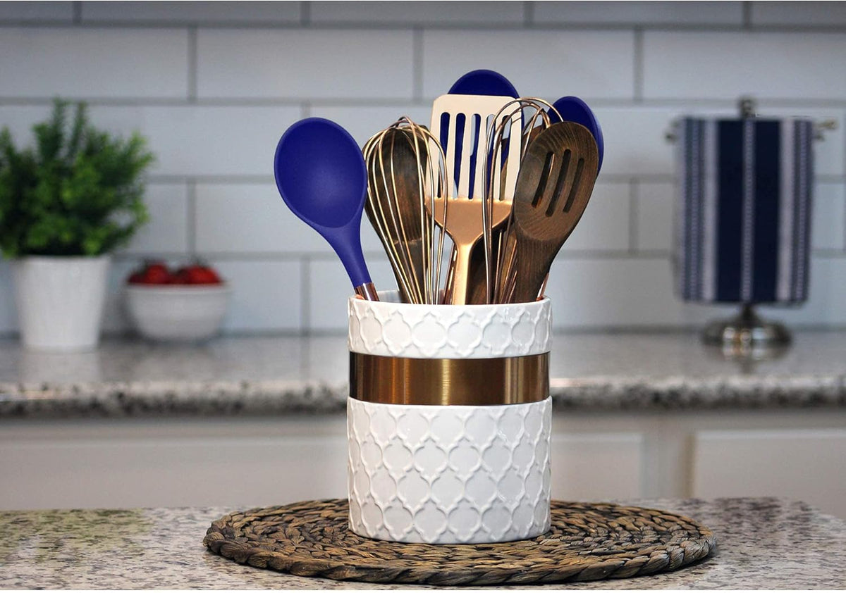 Home Acre Designs Kitchen Utensil Holder - Large Ceramic Farmhouse Countertop Crock, White/Copper