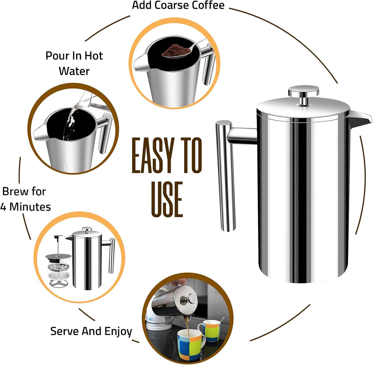 Utopia Kitchen Stainless Steel French Press Coffee Maker 12 Oz, French Press Tea Maker, Cold Brew Portable Travel Coffee Presses, Tea Press Gifts Silver