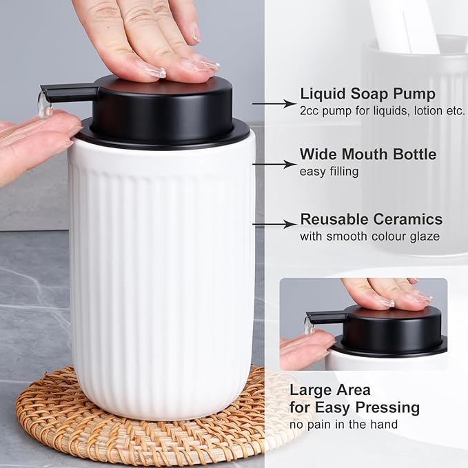 BosilunLife Dish Hand Soap Dispenser - White Liquid Pump soap Dispenser for Bathroom Decro 12oz Ceramic Kitchen Dish Dispenser with Rust-Proof Liquid Pump Modern Refillable Lotion Bottles