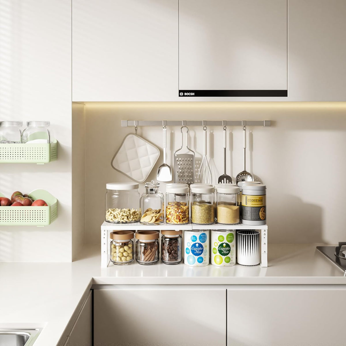 Expandable,Adjustable & Stackable Spice Rack, Cabinet Kitchen Countertop Shelf Organizer,Metal Pantry Storage Shelves - Space-Saving Storage Solution(1Pack/White/Medium)
