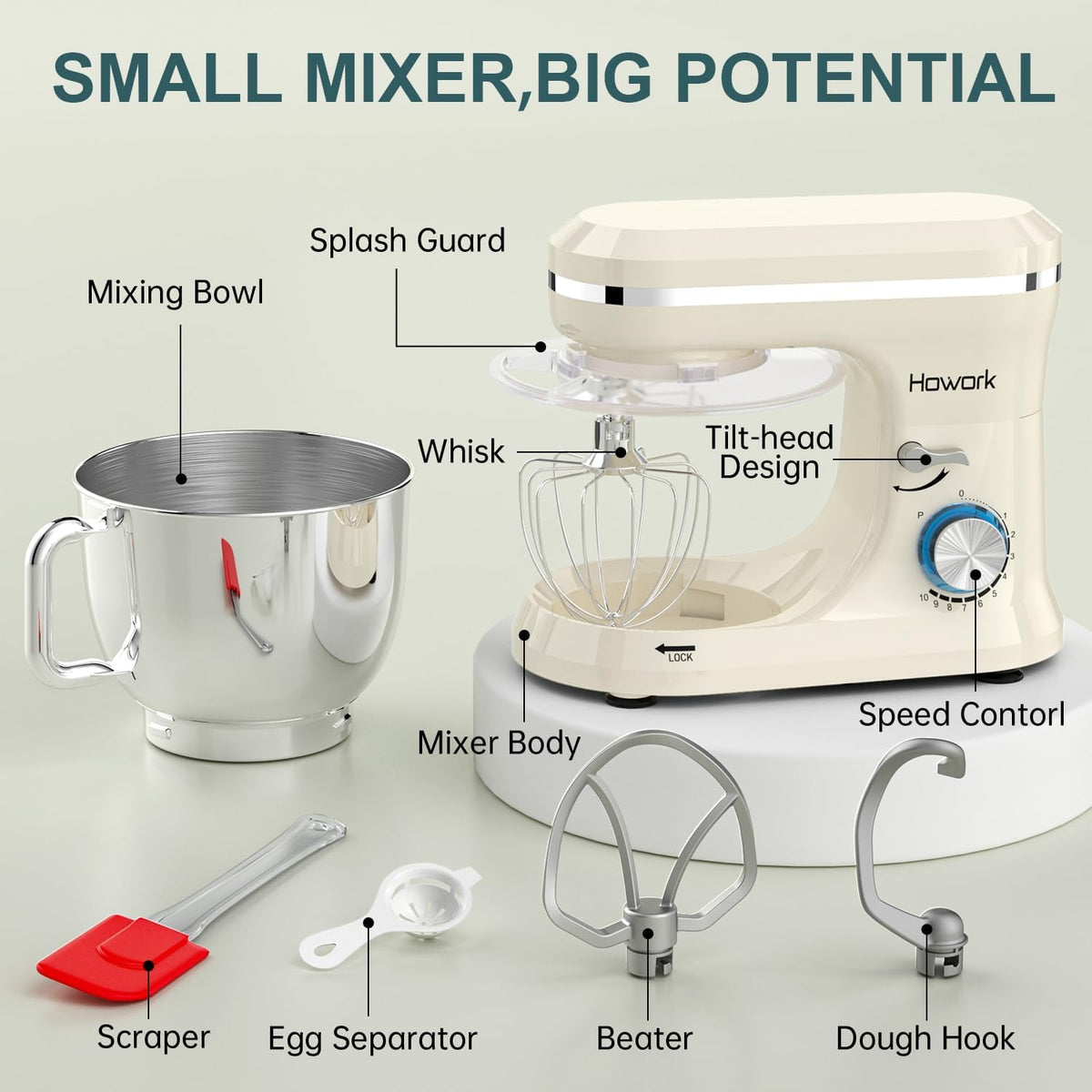 HOWORK Electric Stand Mixer,10+p Speeds With 6.5QT Stainless Steel Bowl,Dough Hook, Wire Whip & Beater,for Most Home Cooks,Cream White