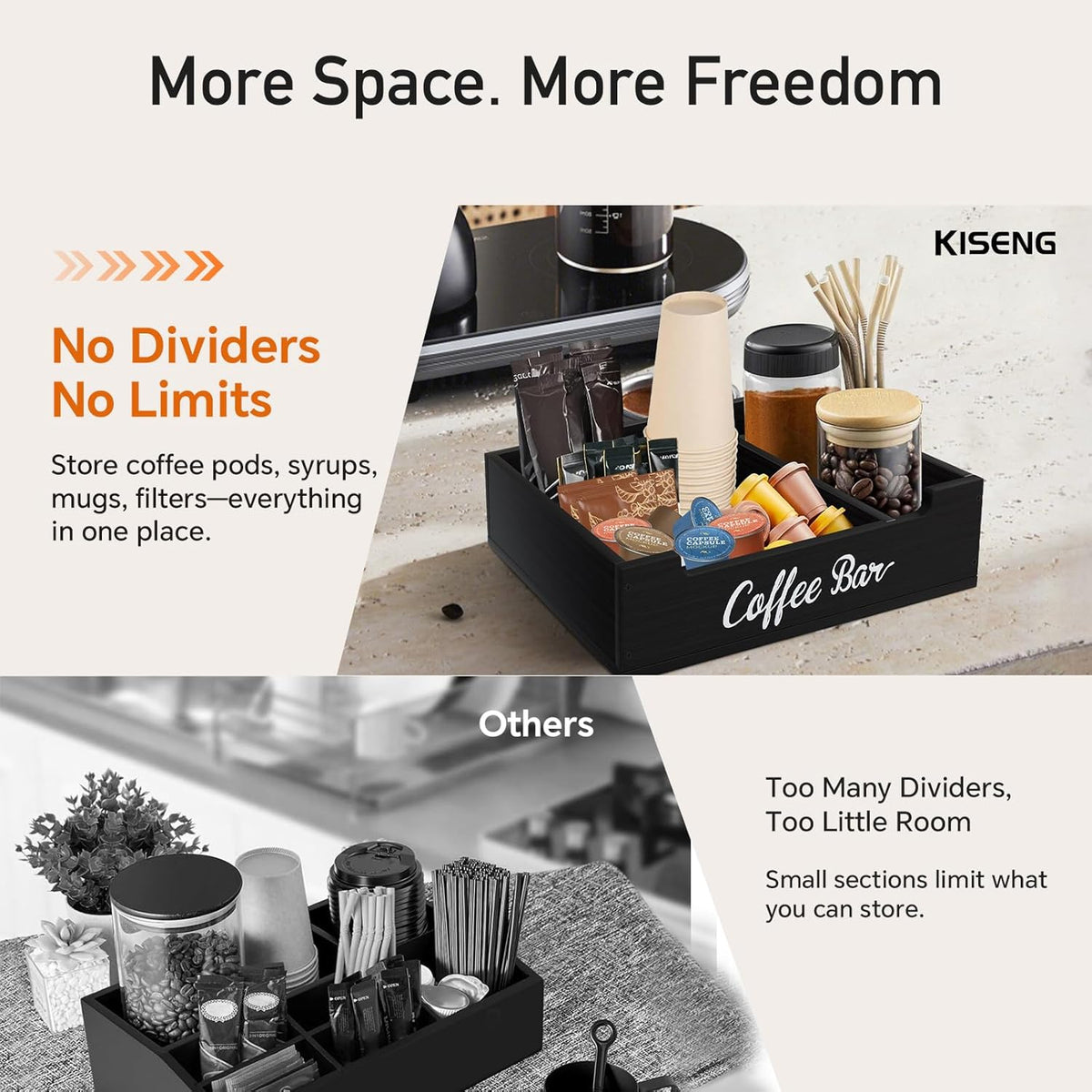 Coffee Pod Bar Station Wooden 14" X 10" X 4" Organizer Box for Countertop, Counter Top Tea Espresso Cup Wood Storage Box, Black