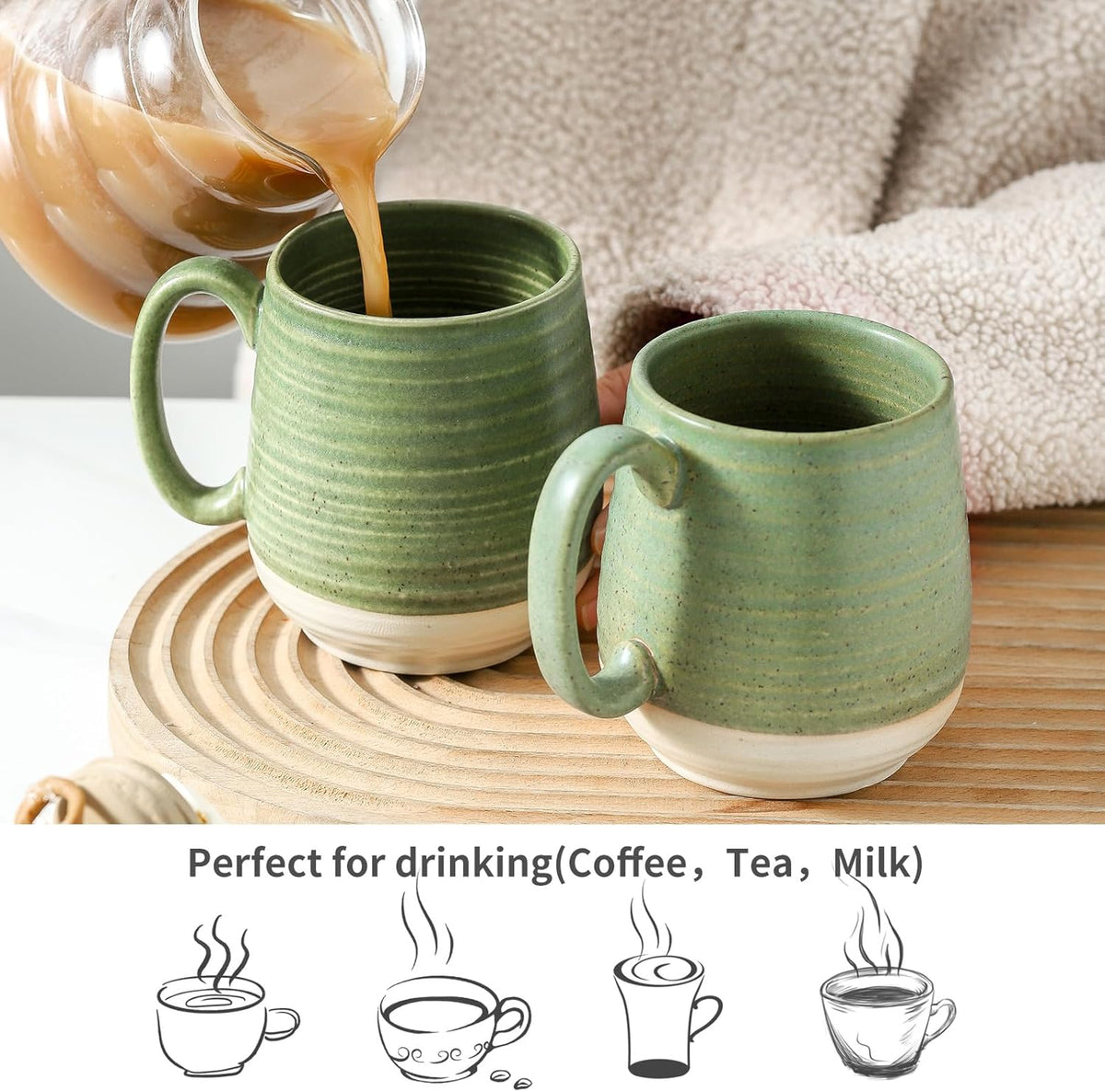 Hasense Large Coffee Mugs, Ceramic Tea Cups with Comfortable Handle Set of 2, Perfect for Milk, Latte, Hot Cocoa, Dishwasher and Microwave Safe, Green