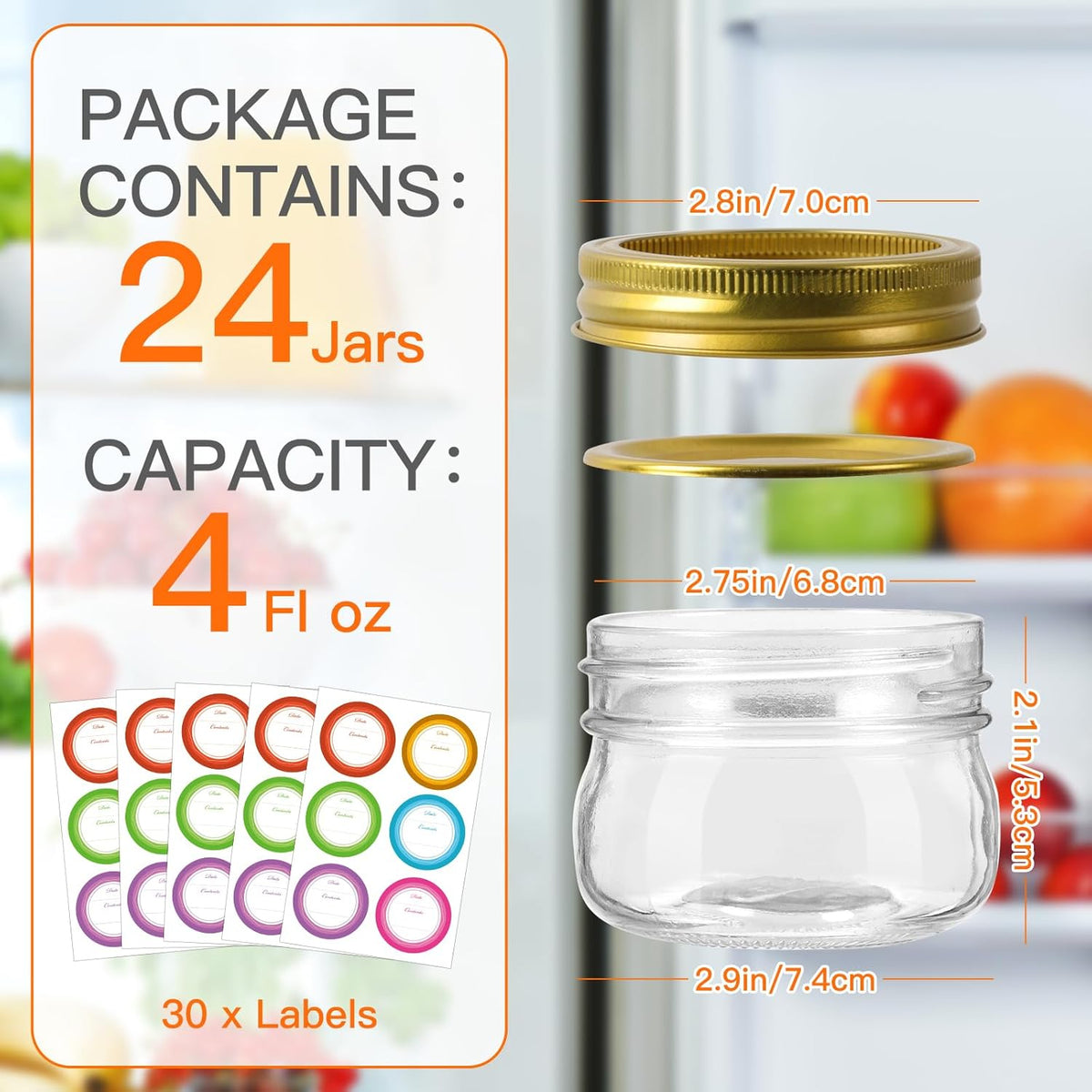 4 oz Mason Jars With Gold Lids and Bands, 24 Pack Regular Mouth Canning Jars for Jam, Honey, Yogurt, Candy, Spices, Snacks, DIY Projects, Wedding Favors- Includes 30 Stickers