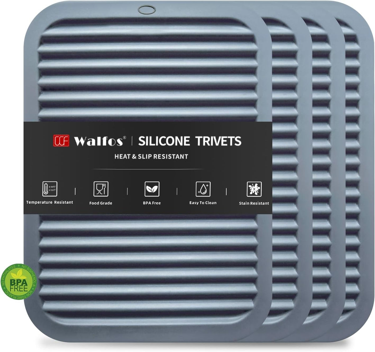 Walfos Silicone Trivets for Hot Pots and Pans - Heat Resistant Hot Pads for Kitchen Counter- 4 Pcs Multi-Purpose & Versatile Trivet Mat - Long-Lasting & Flexible Silicone Hot Pad（Gray）