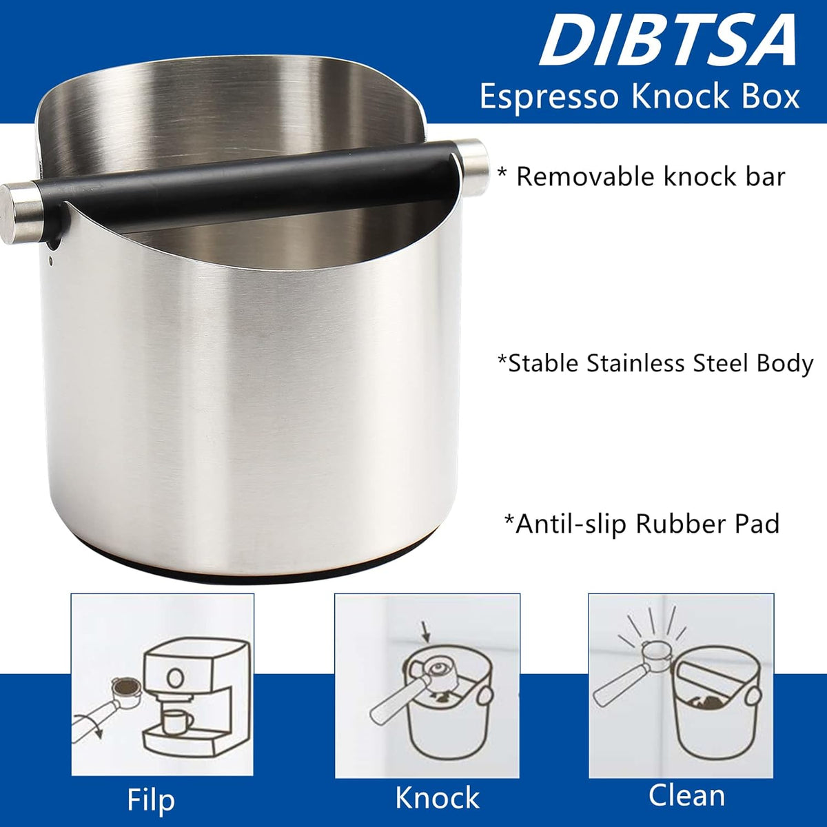 DIBTSA Coffee Knock Box, Espresso Knock Box Stainless Steel Espresso Machine Accessories with Removable Knock Bar and Non-Slip Base Coffee Grounds Container Bin, Large (Silver)