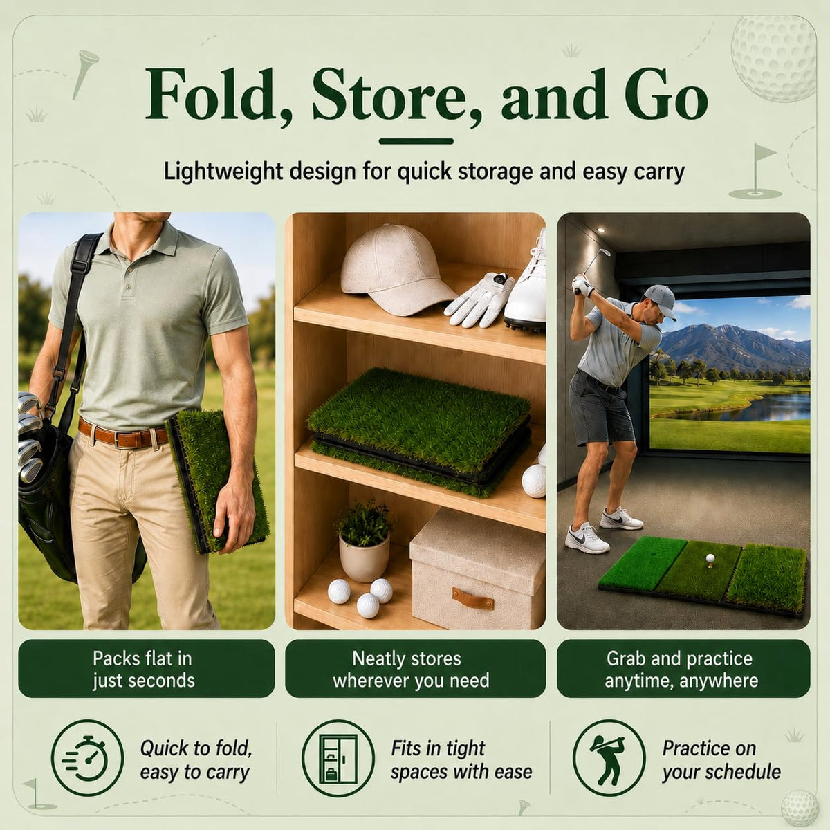 CalmBloom Golf Practice Mat 3-in-1 Turf Golf Hitting Mat for Swing, Putting & Chipping | Portable Golf Training Mat Indoor/Outdoor, Golf Mat with 8 Tees
