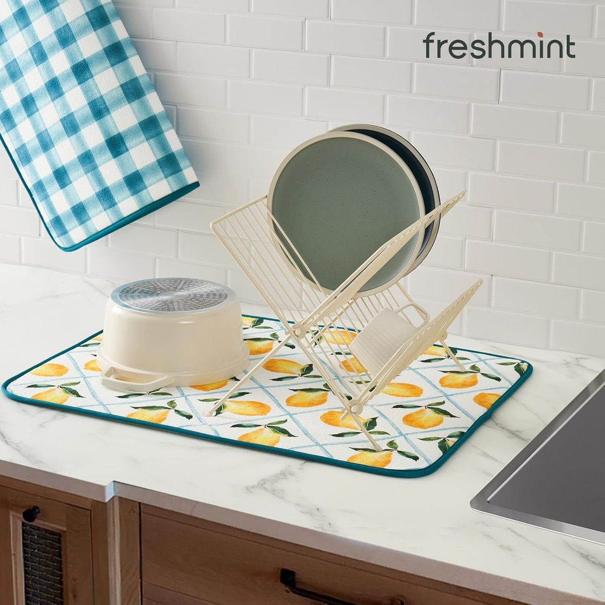 FRESHMINT Printed Dish Drying Mats for Kitchen Counter 2 Pack Absorbent Reversible Drying Mats Microfiber Kitchen Countertop Protector Dishes Drying Pad Extra Large 18"x24" Dish Mat