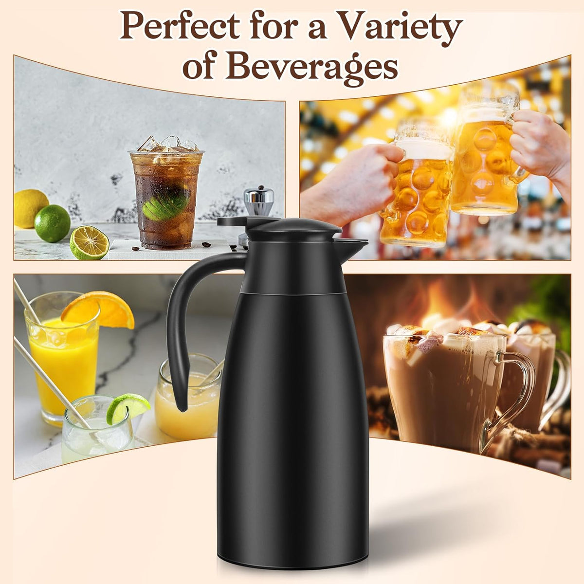 2 PCS 68 OZ Thermal Coffee Carafe, Insulated Stainless Steel Coffee Carafe Double Walled Vacuum Thermal Pot Flask with Brushes Thermos for Keeping Hot Coffee Tea Home and Office (Black)