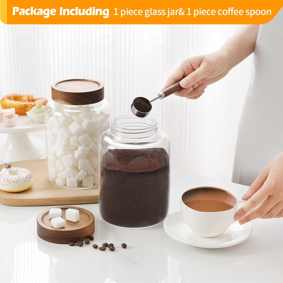 Large Glass Coffee Jars with Spoons 60 oz /1800ml, Round Storage Canister with Wooden Lid Clear Glass Food Jar for Pantry Sugar Tea Coffee Bean Spice Nuts Cookies Bath Salts (1800ml/60oz)