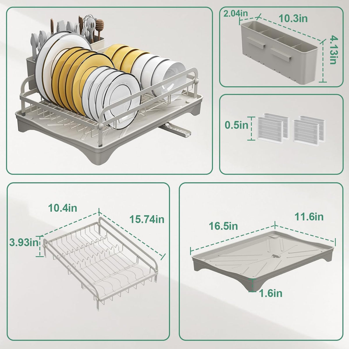 Dish Drying Rack,Dish Racks for Kitchen Counter,Metal Dish Drainer with Adjustable Drainage Spout,Removable Knife and Fork Holder (Grey)