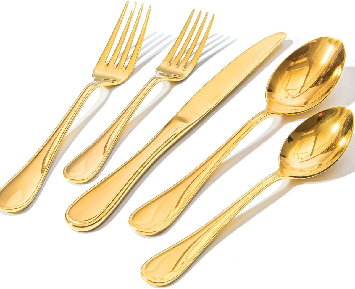 KINGSTONE 60 Piece Teardrop Silverware Set for 12, 18/10 Stainless Steel Flatware Set, Modern Design Cutlery Set for Home/Hotel/Wedding,Mirror Polished and Dishwasher Safe, Gold