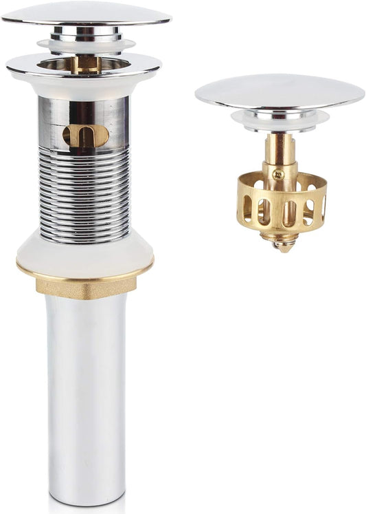 Pop Up Sink Drain with Overflow, Bathroom Faucet Vessel Vanity Sink Drain with Detachable Basket Stopper, Polished Chrome