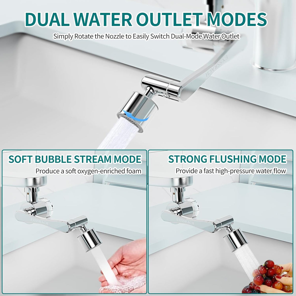 1080° Rotating Faucet Extender with Filter Cotton, Brass Multifunctional Swivel Extension Robotic Arm Sink Aerator for Kitchen/Bathroom, 2 Water Outlet Modes, Silver