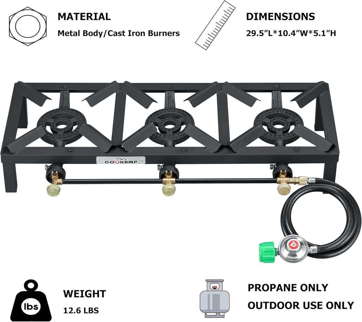 Propane Triple Burner Angle Iron Camp Stove with CSA Listed Regulator and 4ft Hose (SA3200)