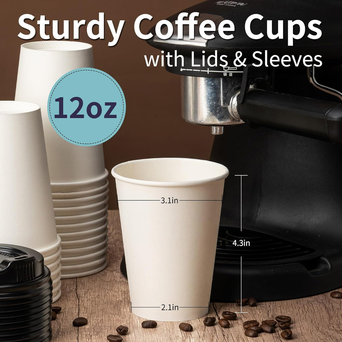 YEEHAW 12 oz 50 Pack Coffee Cups with Lids and Sleeves, To Go Hot Cups for Coffee, Disposable Paper Cups, Ideal for Cafes, Bistros