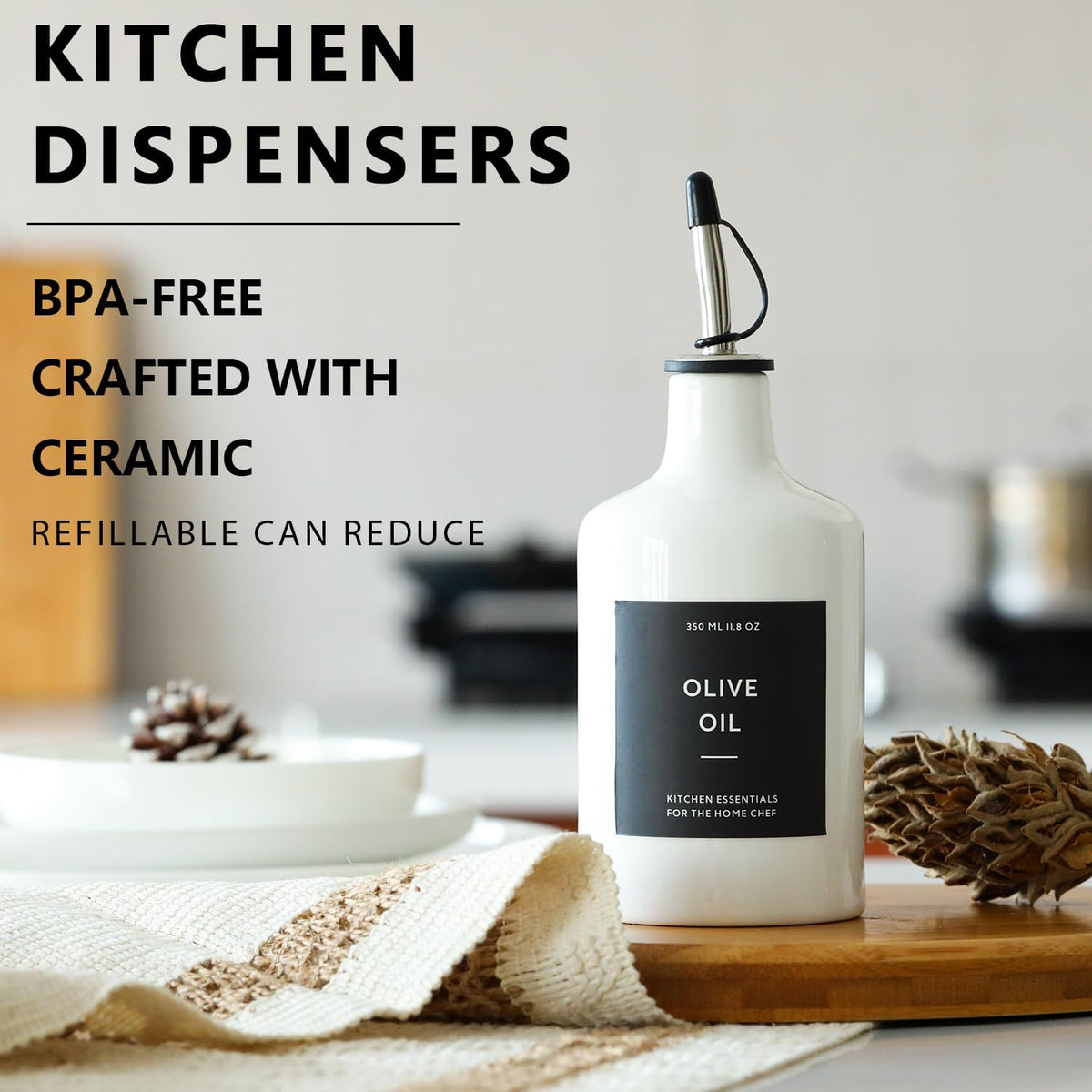 HOMCDALY Ceramic Olive Oil Dispenser Bottle, 16oz Oil Dispenser Bottle for Kitchen, Oil Container, Kitchen Oil Dispenser（White）