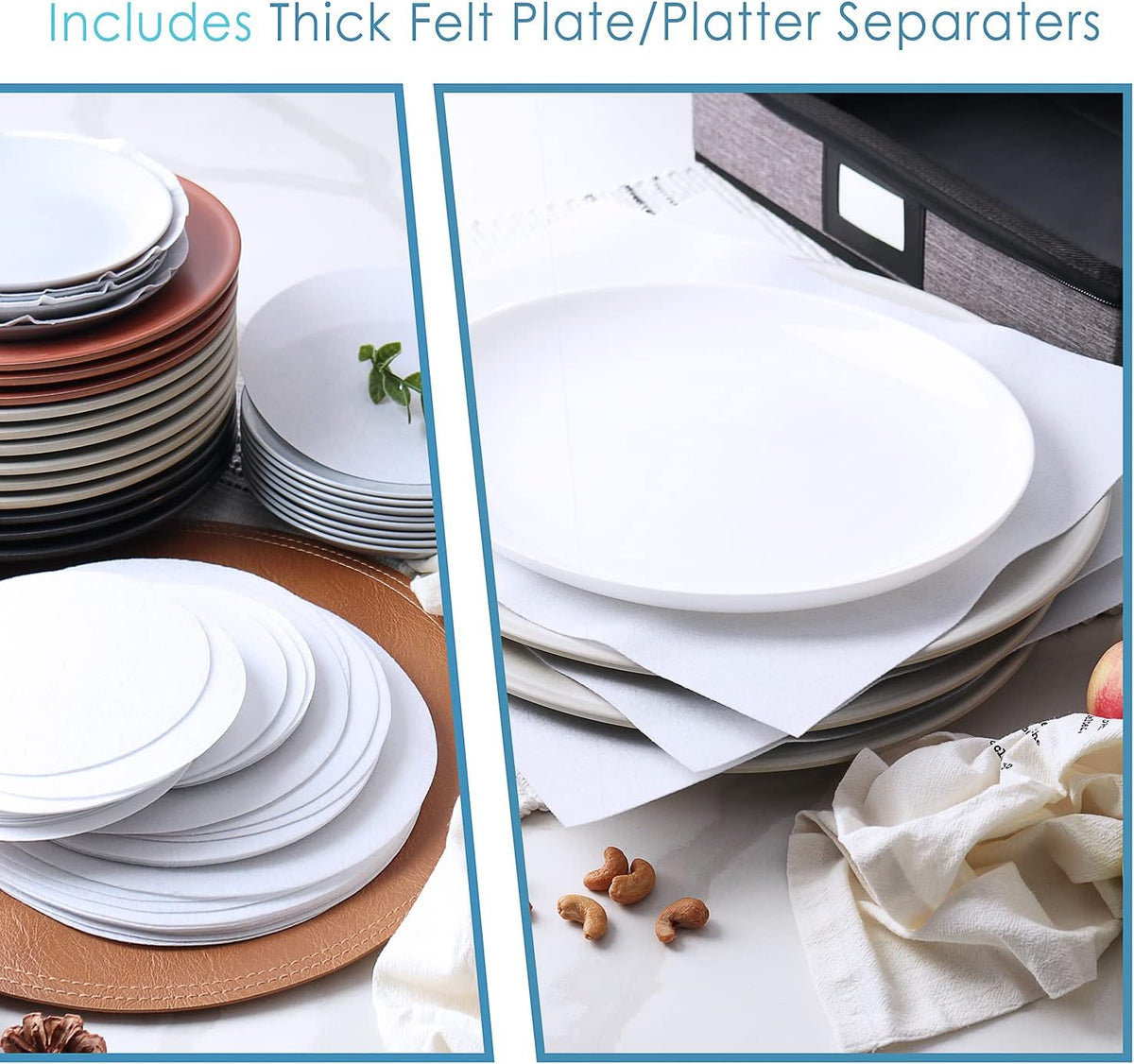 Fine China Storage Containers, 8 Piece Quilted Dish Storage Containers for Flatware & Utensil, Mug, Platter and Wine Glass with Felt Dividers, Durable Dinnerware Dish Organizers for Moving, Grey