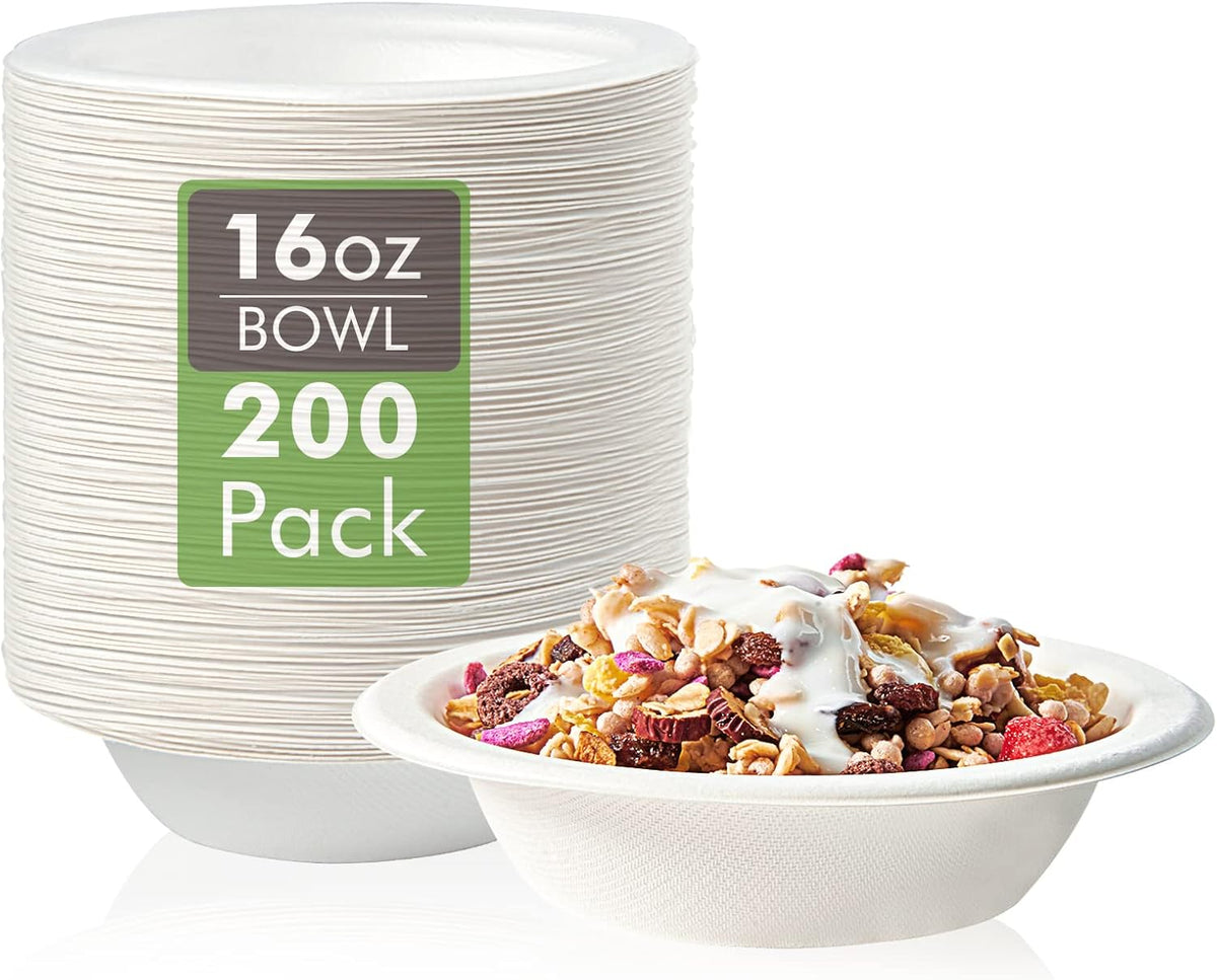 Vplus 200 Pack 16 OZ Paper Bowls, Disposable Compostable Bulk, Eco-friendly Bagasse, Heavy-duty Bowls Perfect for Milk Cereals, Snacks, Salads
