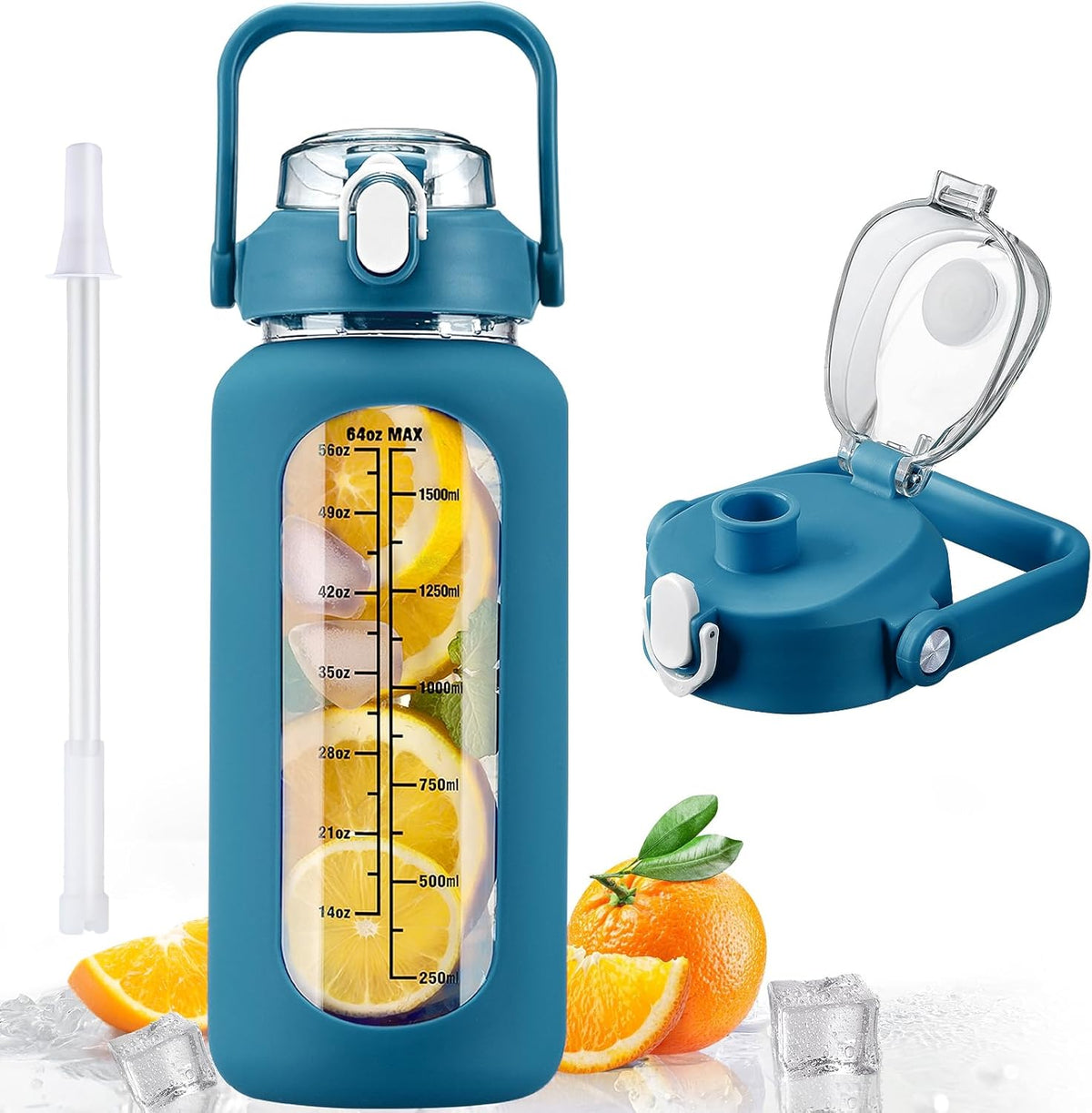 kytffu 64oz Glass Water Bottles with Straw, Half Gallon Motivational Glass Bottle with Silicone Sleeve and Time Marker, 2L Leakproof Large Glass Water Jug for Gym Home Office,Iron Blue