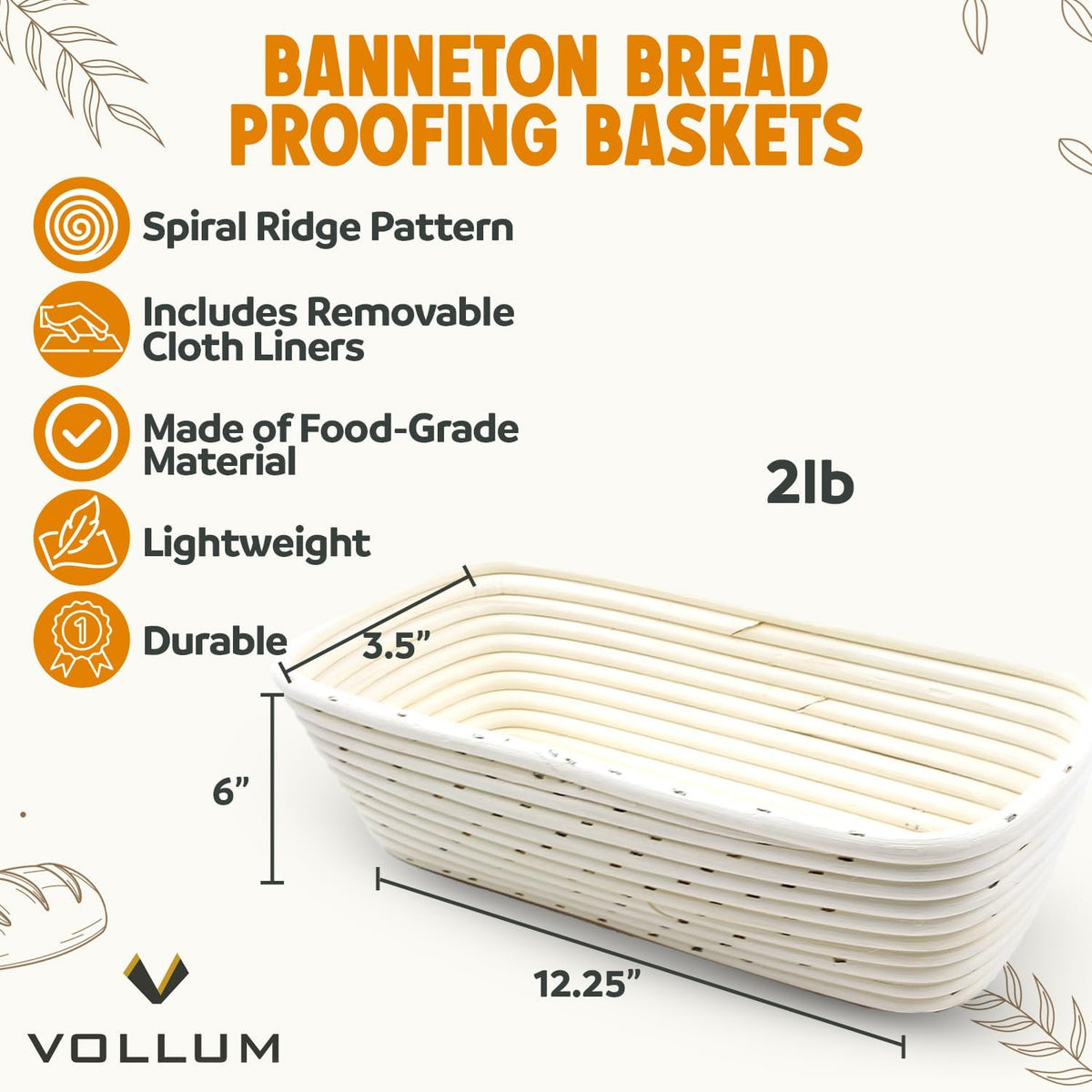 Banneton Bread Proofing Basket Sourdough Proofing Basket for Beginners & Professional Bakers, Handwoven Rattan Cane Bread Maker with Linen for Artisan Breads, 12.25 x 6 x 3.5 Inch, 2-Lb Rectangular