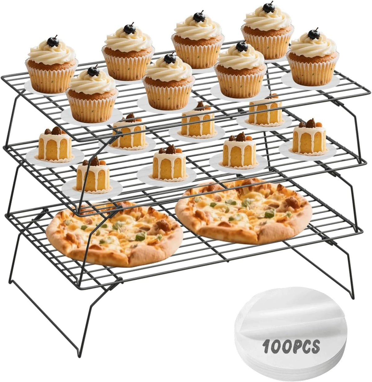 SHOUNAJIA Cooling Rack for Cooking and Baking, 3-Tier Stackable Wire Cooling Rack with Legs for Cooling Cookie, Pizza, Cake, Round Baking Paper 100 Pcs, 16" x 10", M