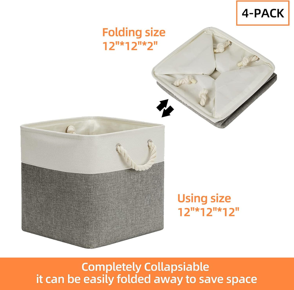 DULLEMELO Cube Storage Bins Set of 4 Fabric Storage Cubes Organizer Bin with Handles, Collapsible 12 Inch Cube Storage Baskets for Organizing, Closet, Shelf, Nursery (White&Grey)