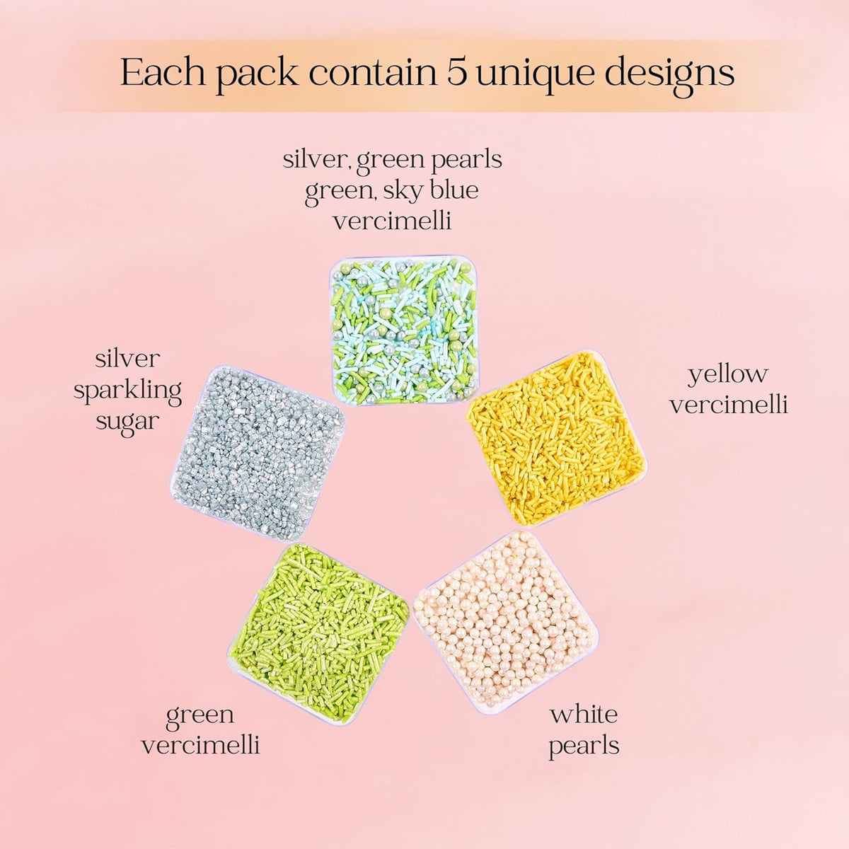 Confect Edible Sprinkles for Cakes & Cupcakes Decoration Assorted pack of 5 Summer Fun Sprinkles Mix White Dragees Green Yellow Blue Jimmies Silver Sparkling Sugar | Vegan, Gluten-Free, Nut-Free, Soy-Free, Dairy-Free, Palm Oil-Free - 5 Oz