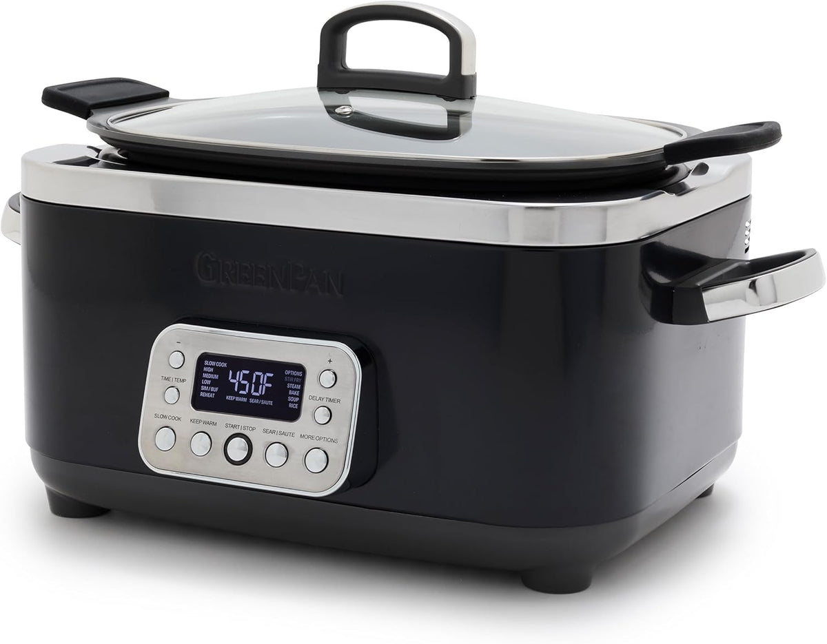 GreenPan Elite 14-in-1 Programmable 6QT Electric Slow Cooker, Dishwasher Safe Lid & Removable Crock, PFAS-Free Healthy Ceramic Nonstick Multi-Cooker, Sear, Sauté, Brown, Steam Basket, Roast, Black