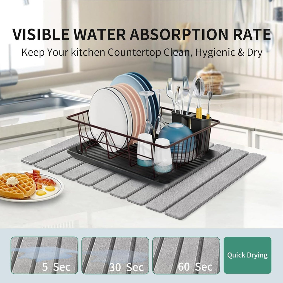 Stone Drying Mat for Kitchen Counter, Collapsible Dish Drying Mat, Fast Drying Diatomaceous Earth Dish Drying Mats, Water Absorbent Diatomite Kitchen Mat (grey, small)