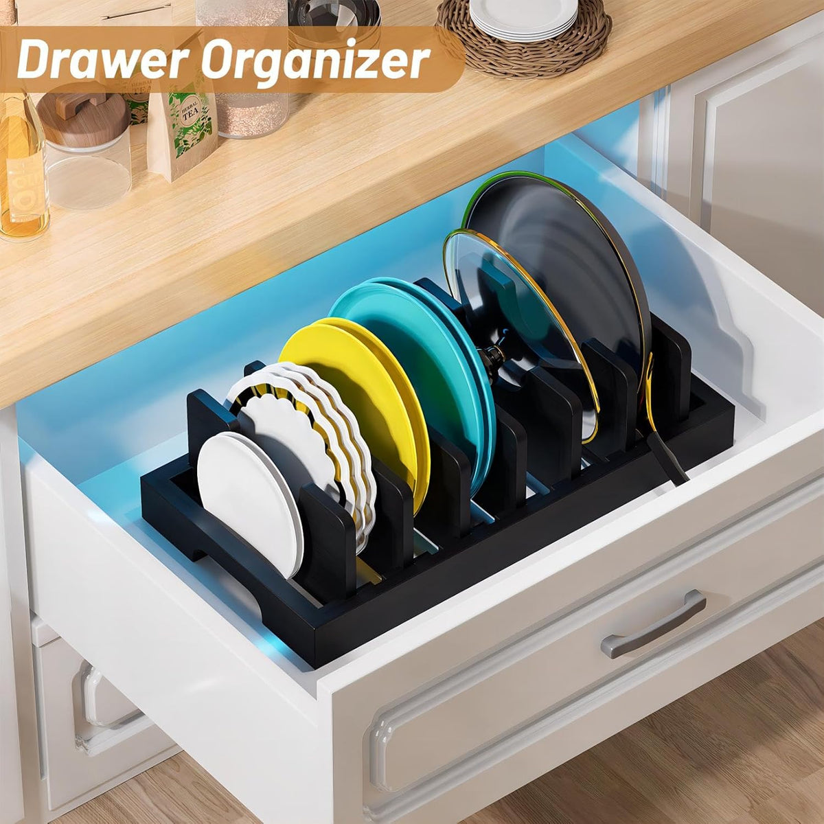 Bamboo Pot and Pan Organizer, Pot Lid Organizer Holder Rack for Countertop Drawer, Kitchen Cabinet Organizer with 7 Adjustable Dividers for Pots, Pans, Baking Sheets, Cutting Boards, Black