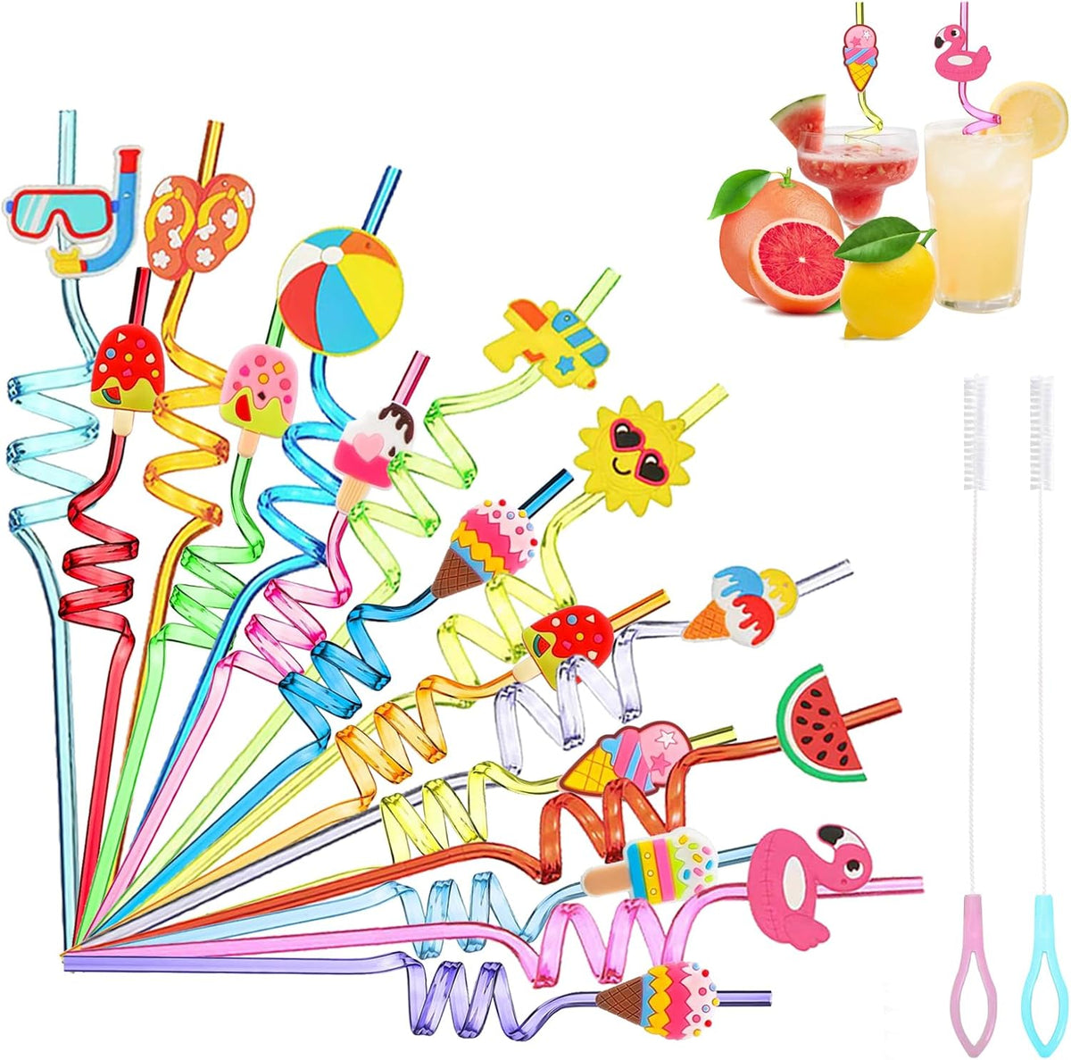 QKP 16PCS Reusable Ice Cream Beach Straws, Swirly Drinking Straws for Party Supplies, Birthday Party Favors with 2 PCS Cleaning Brushes(Blue + Pink)