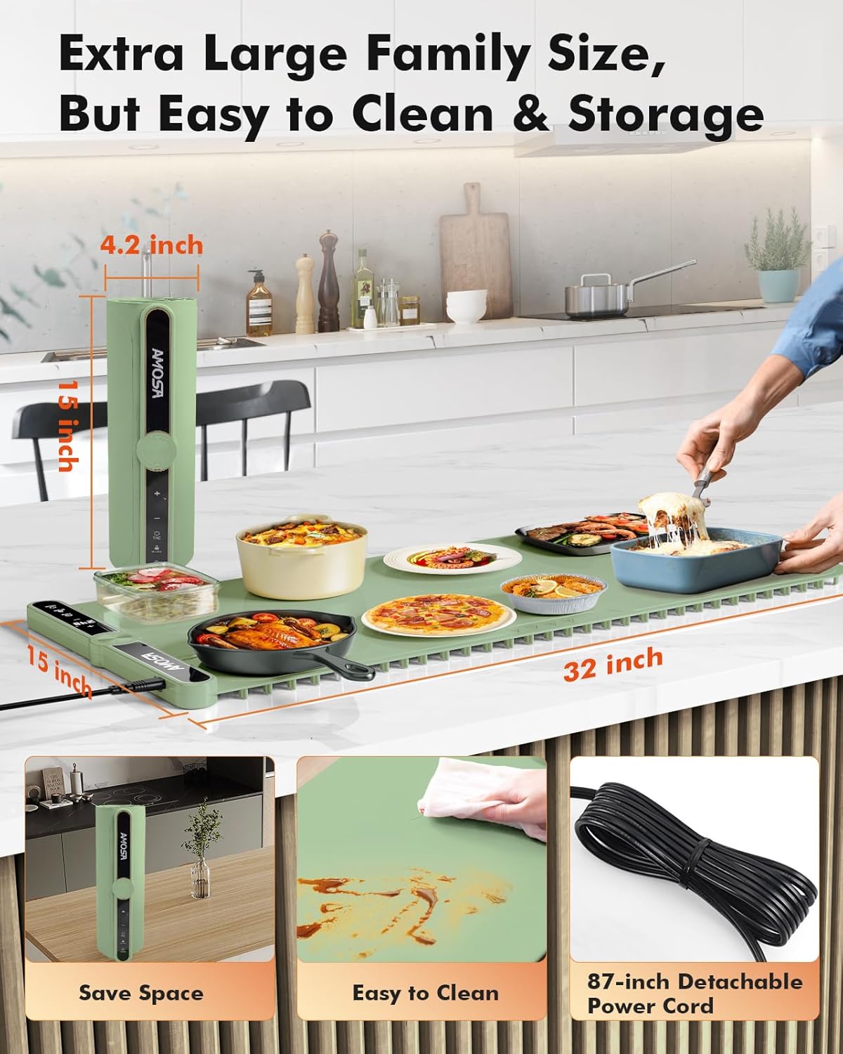 Warming Mat for Food, Fast Heating Electric Food Warmer with 9 Level Temperature and 6 Hours Timer, Extra Large Roll Up Silicone Food Warming Mat, Portable Warming Trays for Buffets Party (Green)