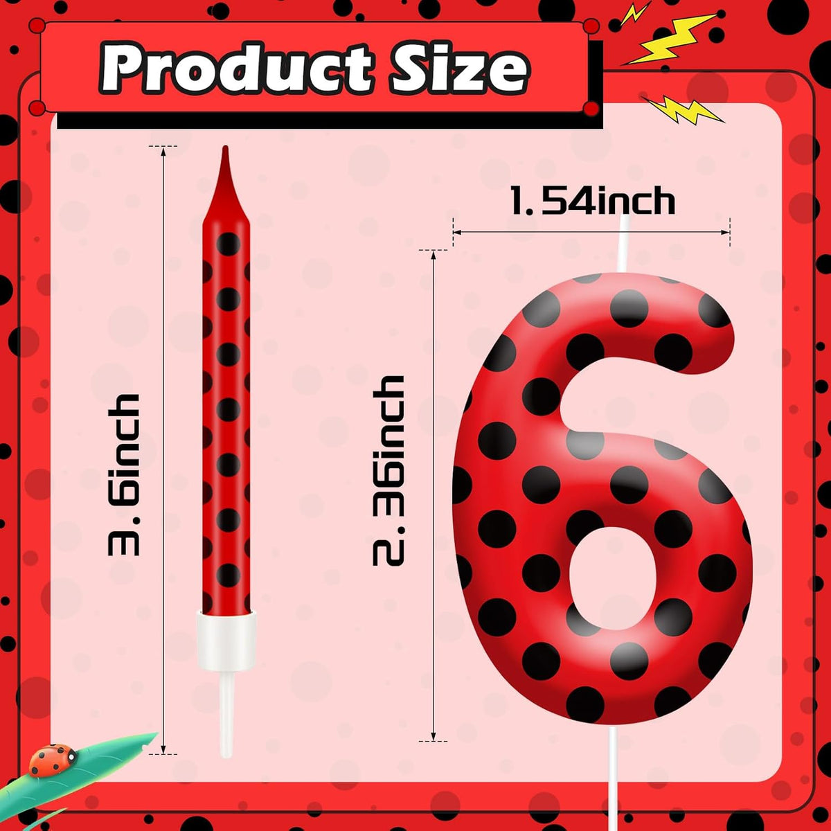 13PCS Ladybug Theme Birthday Candles Set - Red & Black Polka Dot Decorative Candles for Kids Ladybug Themed Parties, Baby Showers, Birthday Cakes, and Ladybird Inspired Celebrations(Number 6)