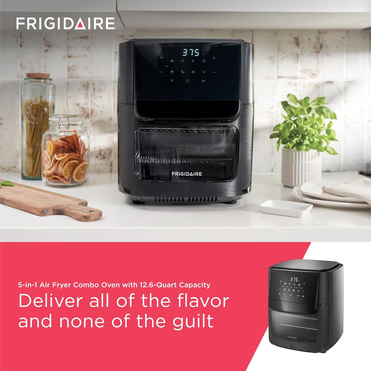 Frigidaire 5-in-1 Air Fryer Combo Oven with Viewing Window, Large 12.6 QT Capacity, Digital Display, 5 Cooking Modes, 7 Recipe Presets, Automatic Shake Reminder, PFAS-Free Cooking Surfaces, Black