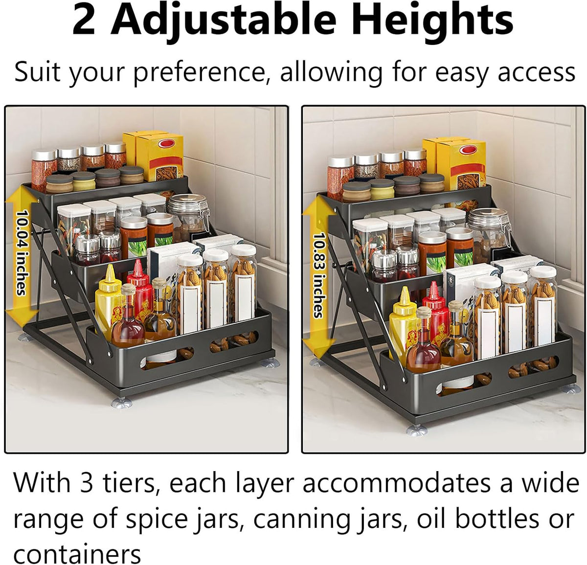 3 Tier Foldable Spice Rack for Countertop Iron Kitchen Seasoning Organizer for Cabinet, Black